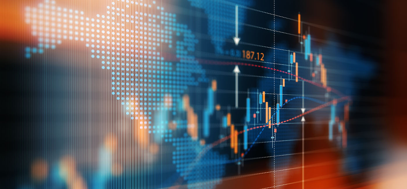 Financial data analysis graph showing global market trends. Selective focus. Horizontal composition with copy space.